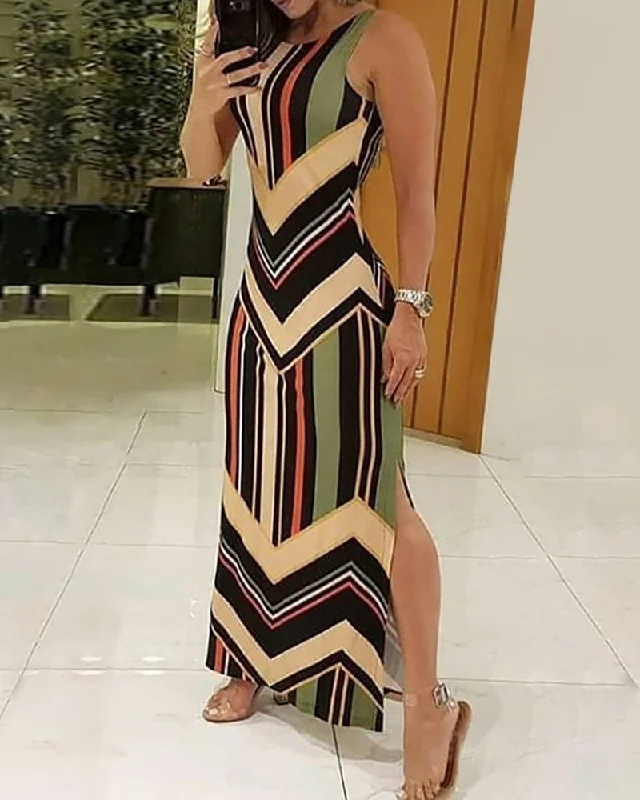 Zjkrl - Colorful Striped Print Side Slit Maxi Dress Women Colorblock Sleeveless Slim Long Dresses