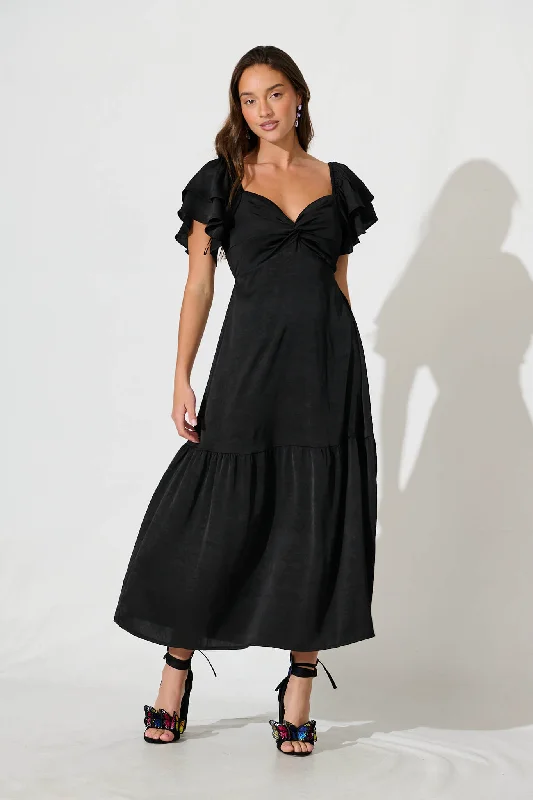 Constantine Maxi Dress In Black Crinkle Satin