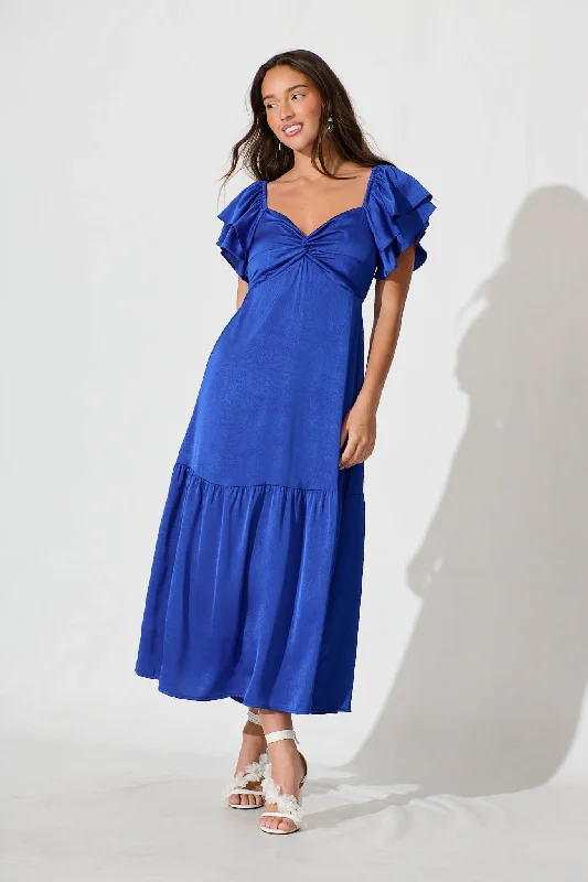 Constantine Maxi Dress In Cobalt Crinkle Satin