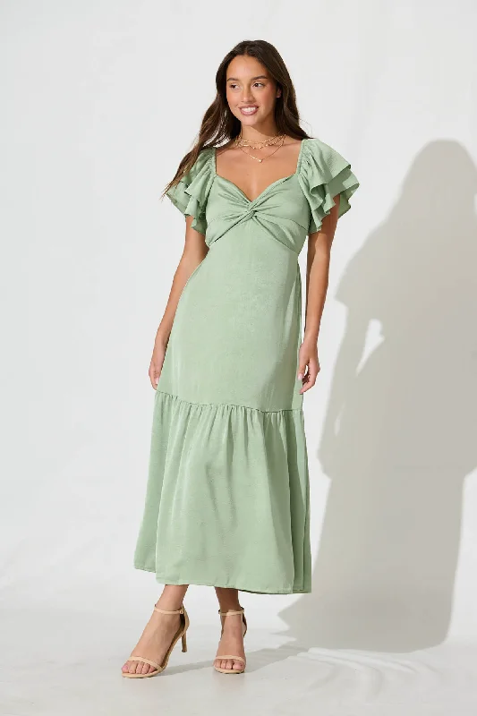 Constantine Maxi Dress In Pale Green Crinkle Satin