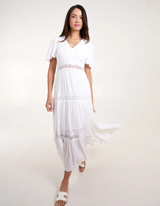 Crochet Detailing Angel Sleeve Tiered Maxi Dress