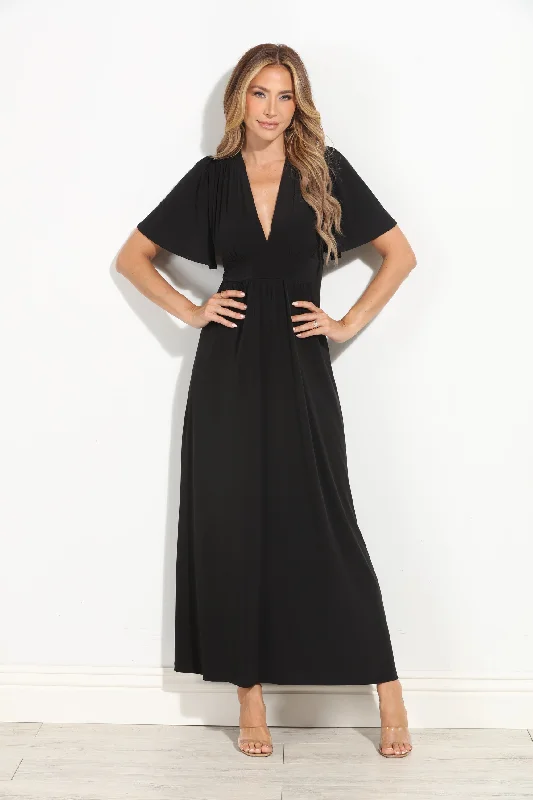 Black Stretch Deep V Flutter Sleeve Maxi Dress-BEST SELLER