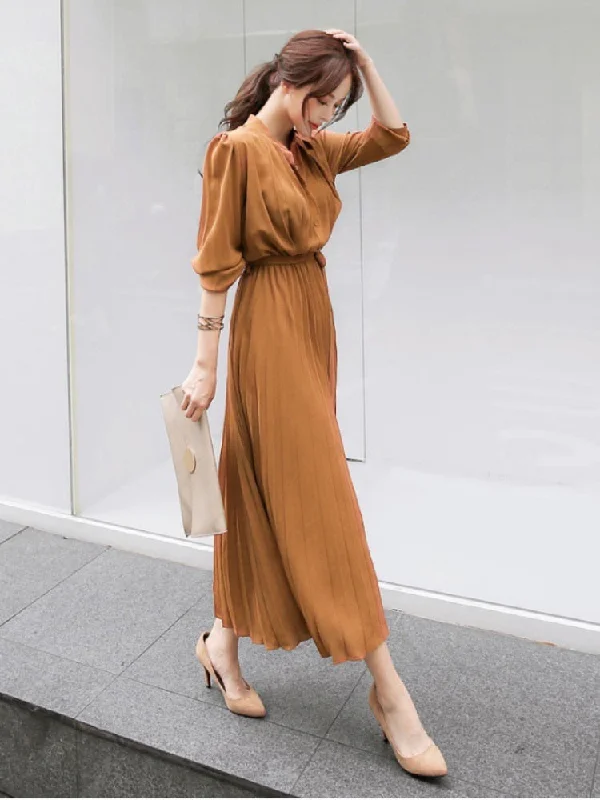 Zjkrl Elegant Chiffon Long Sleeve Shirt Dress Women Belt Lace Up A-line Pleated Maxi Dress Korean Fashion Fall Clothes Streetwear