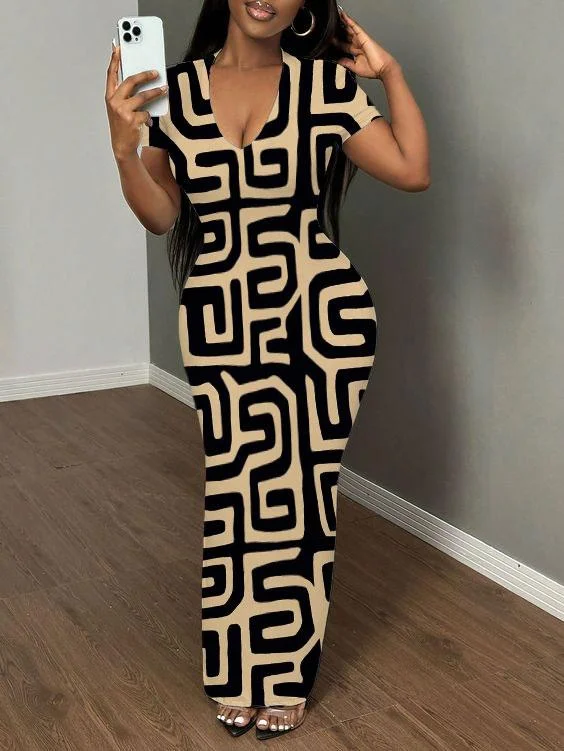 Ethnic Pattern Print Short Sleeve Bodycon Maxi Dress