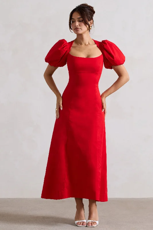 Hacienda | Red Poplin Puff-Sleeve Maxi Dress