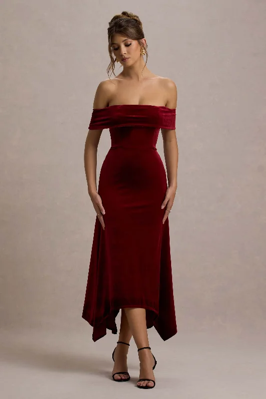 Halia | Berry Velvet Bardot Maxi Dress