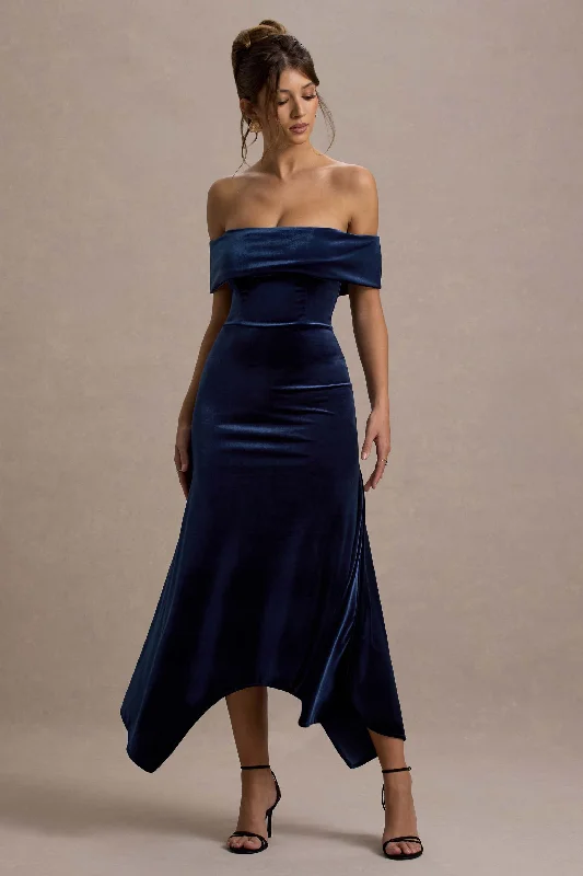 Halia | Navy Velvet Bardot Maxi Dress