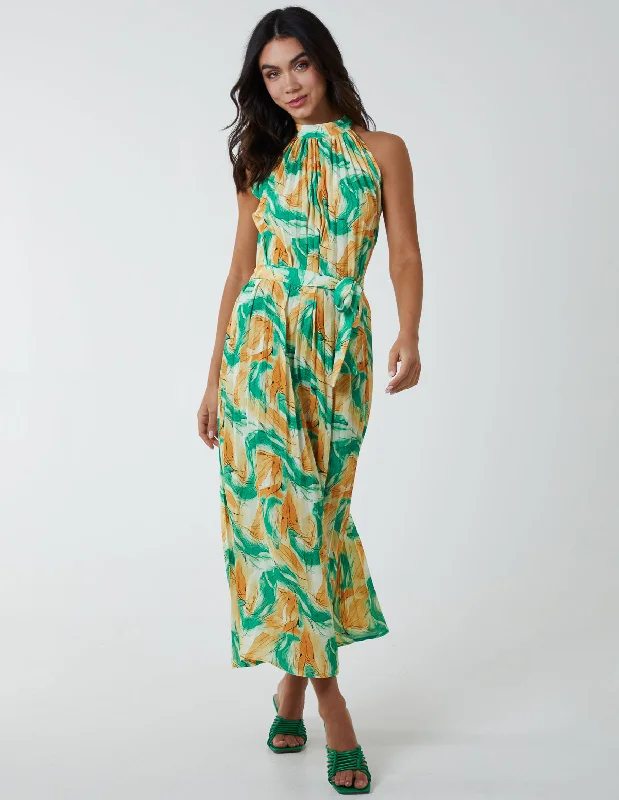 Halterneck Abstract Leaves Maxi Dress