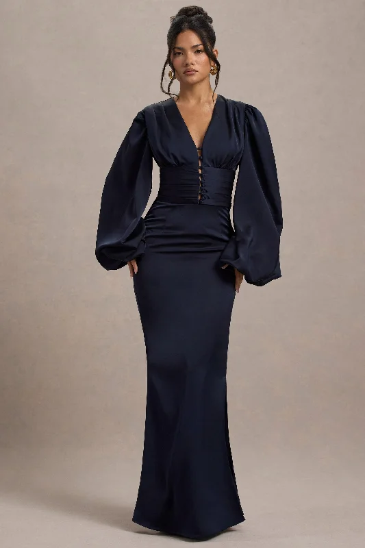 Helsinki | Navy Satin V-Neck Balloon Sleeve Maxi Dress