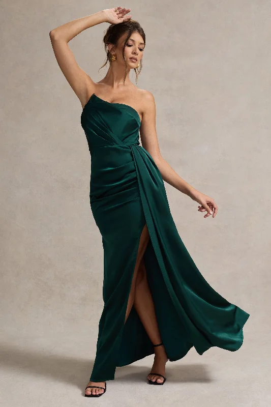 Hollywood | Bottle Green Satin Strapless Draped Maxi Dress