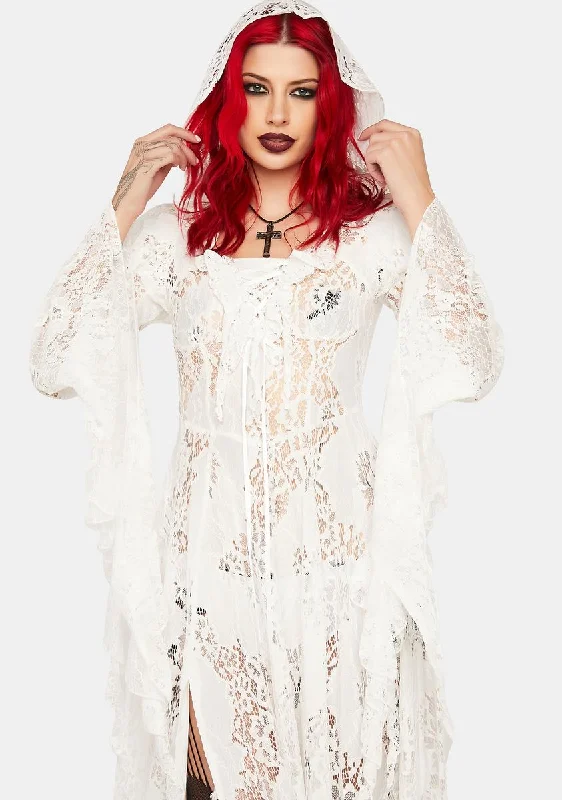 Hooded White Lace Maxi Dress