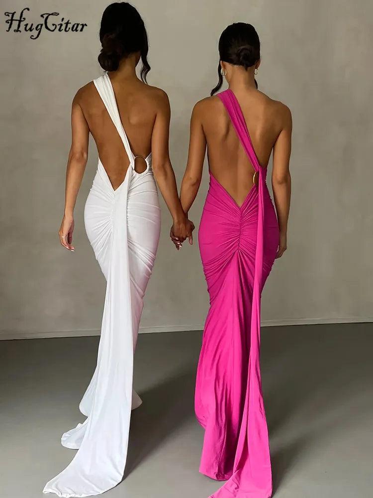 Elegant One-Shoulder Evening Gown: Luxe Maxi Dress with Backless Detail