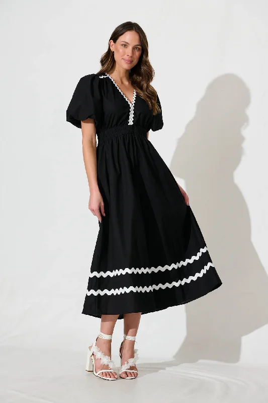 Indi Maxi Dress In Black With White Ric Rac Trim Cotton