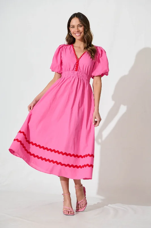 Indi Maxi Dress In Pink With Red Ric Rac Trim Cotton