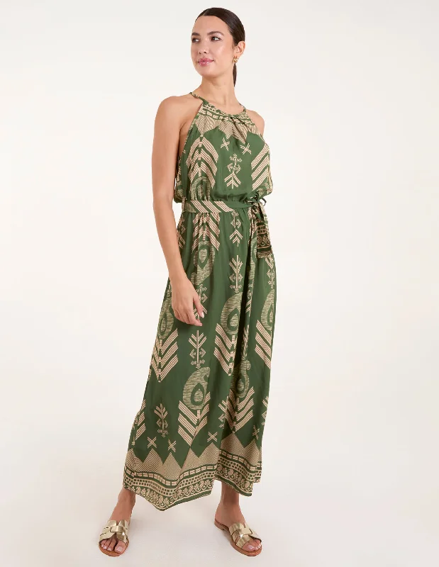 Aztec Halter Neck Belted Maxi Dress