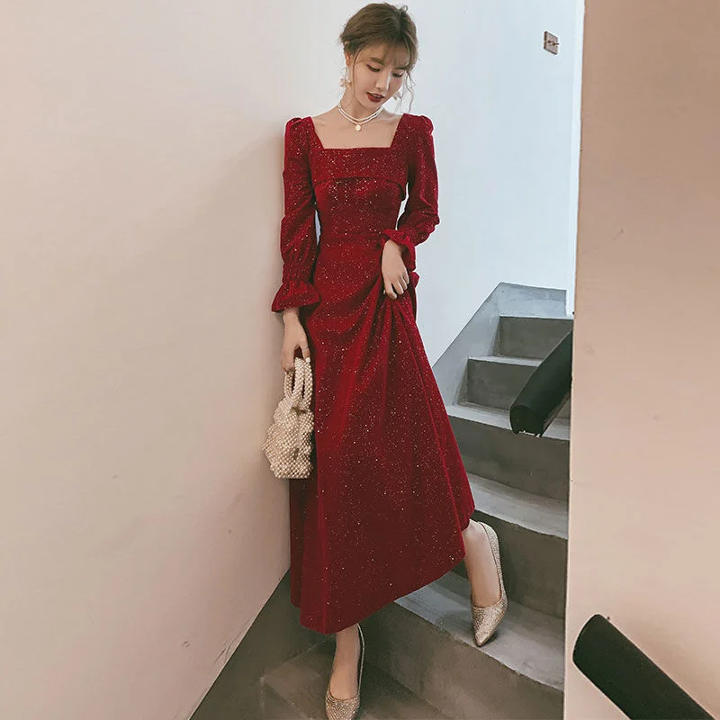 Zjkrl - Korean Square Collar Sequins Elegant Velvet Dress Women Flare Long Sleeve Backless Maxi Dress Office Lady High Waist Slim Dress