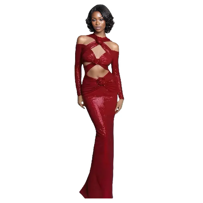 LONDON Red Sequin Cut- Out Maxi Dress