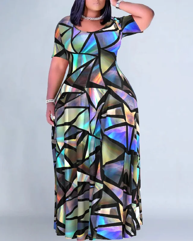 Multicolor Mirror Sequin Print Round Neck Short Sleeve Maxi Dresses