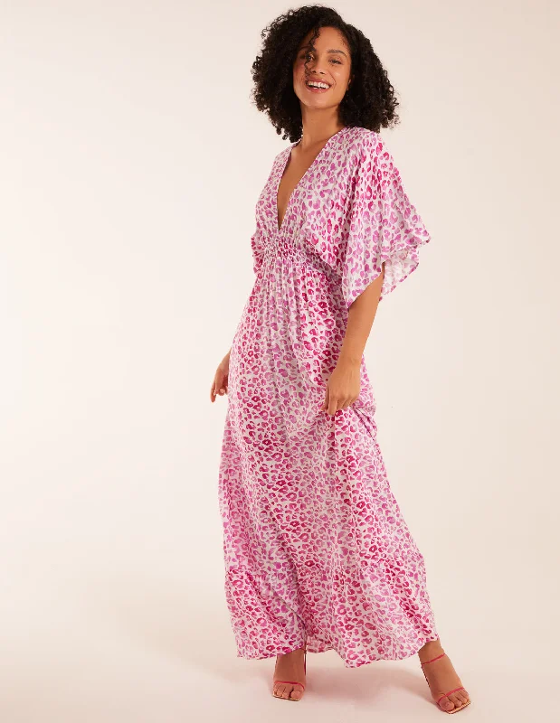 Elasticated Waist Tier Hem Angel Sleeve Maxi Dress