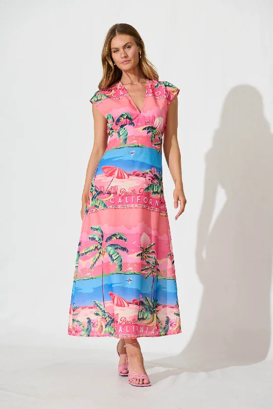 Rockland Maxi Dress Pink And Blue Tropical Print Linen Blend