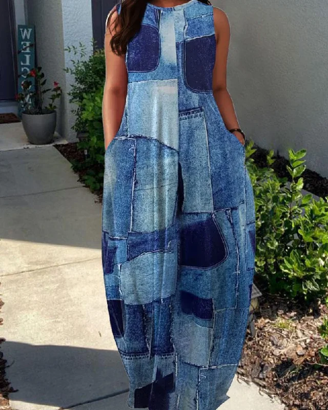 Round Neck Denim Patch Pocket Maxi Dress