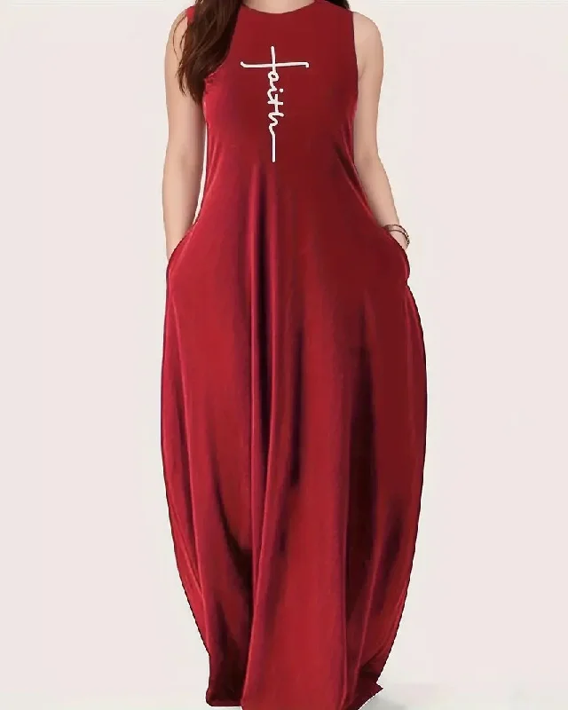 Round Neck Faith Letters Solid Color Maxi Dress