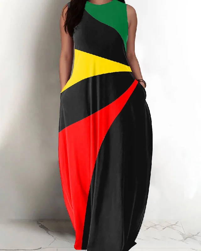 Round Neck Reggae Irregular Stripes Pocket Maxi Dress