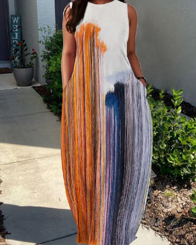 Round Neck Vertical Striped Oil Painting Print Pocket Maxi Dress