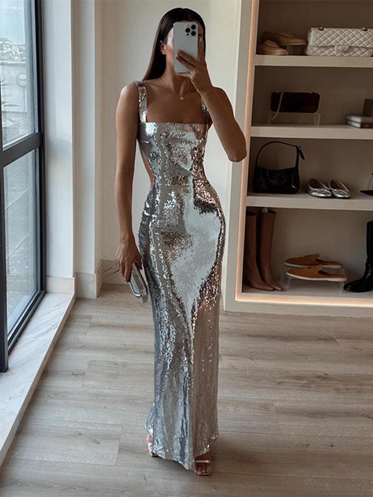 Sparkling Silver Maxi Dress: Elegant Backless Evening Gown