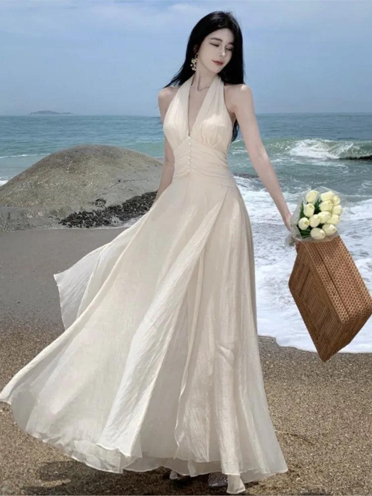 Elegant White Maxi Dress: Halter Gown for Summer Beach Wedding - Shop Now