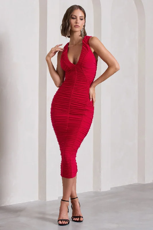 Tempting Fate | Red Ruched Bodycon V-Neck Maxi Dress