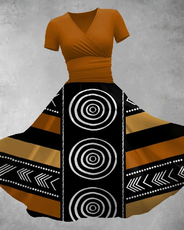 V Neck African Mud Cloth Artwork Maxi Dress