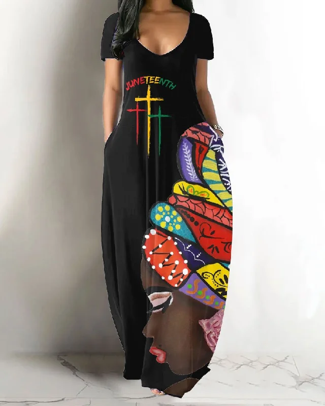 V-neck Juneteenth Black Hijab Woman Pocket Maxi Dress