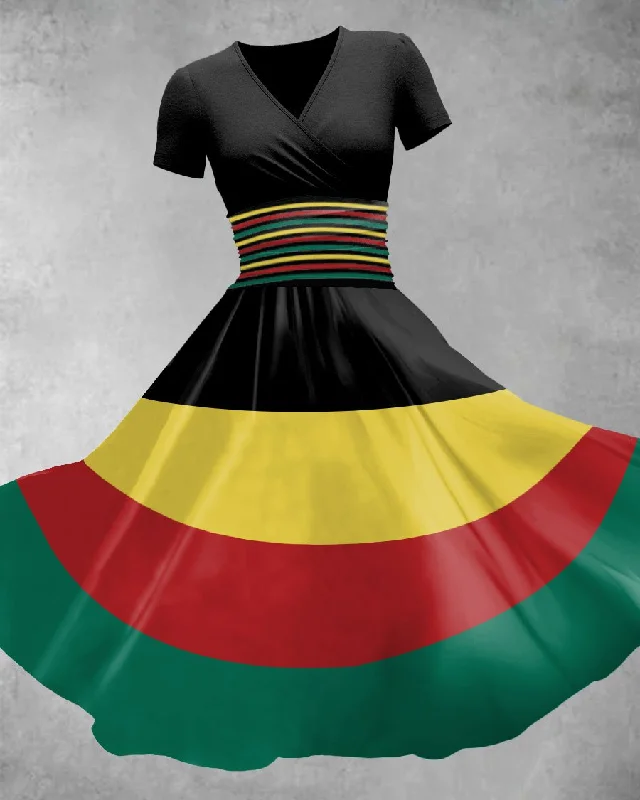 V Neck Red Black Yellow and Green Rasta Maxi Dress