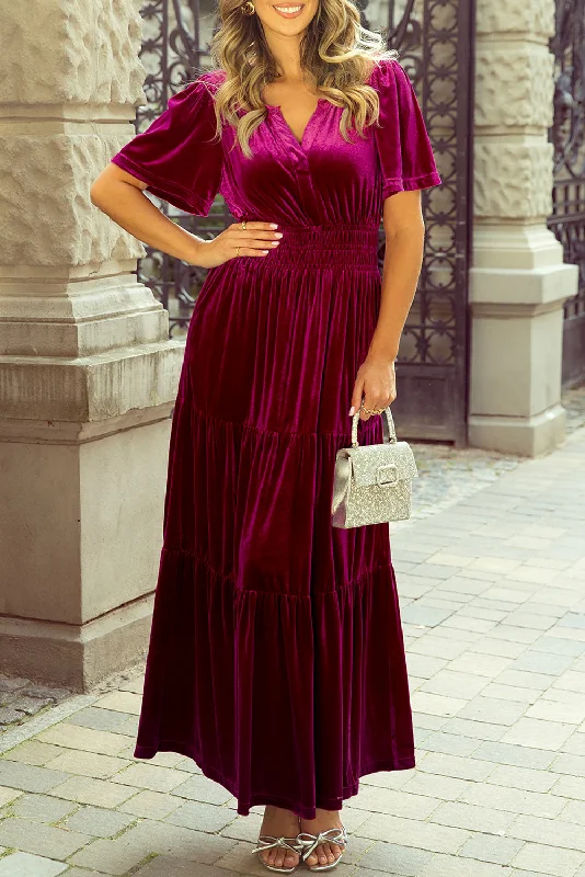 Velvet Shirred Waist Tiered Maxi Dress