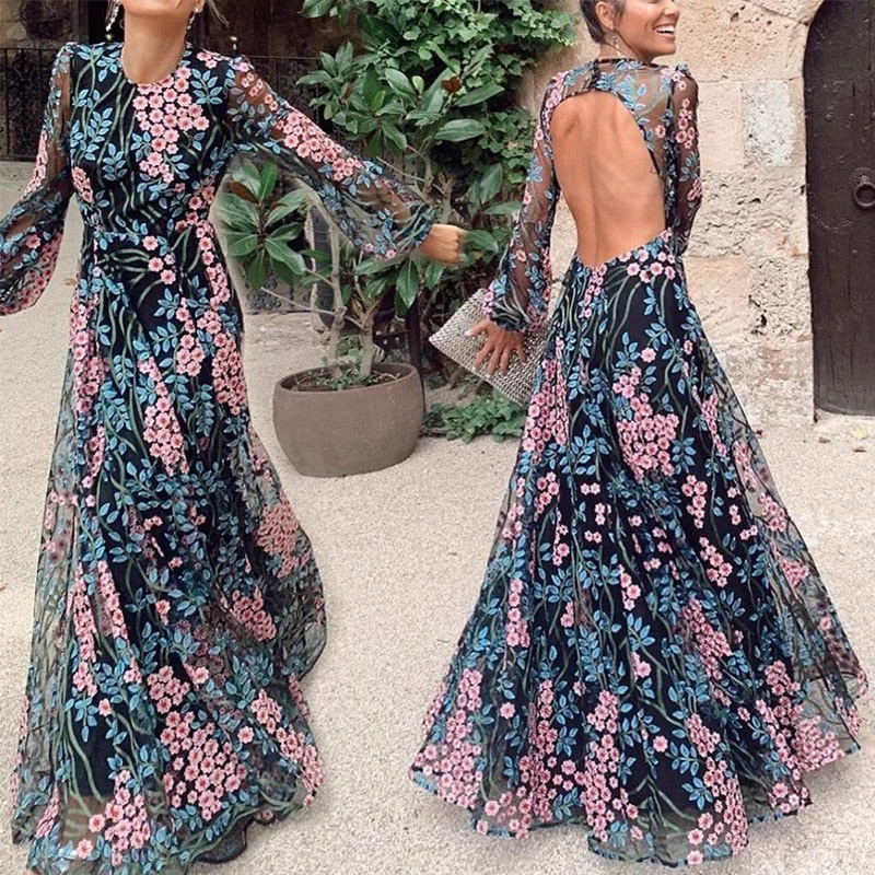 Zjkrl - Elegant Maxi Dress 2023 Spring Summer Women's Clothes Sexy Backless Slim Print Dress Outfits For Women Vestidos