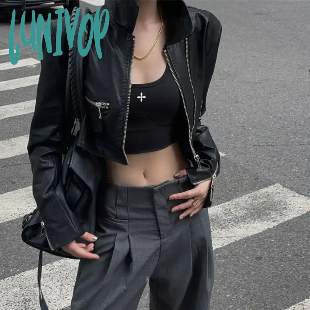 Lunivop Cropped Leather Jacket Women Vintage Black Streetwear Motorcycle Jackets Gothic Style Racing Jackets Korean Fashion