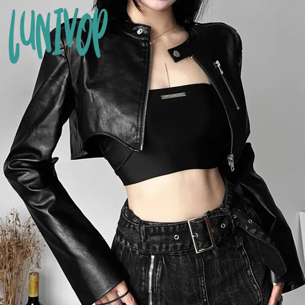 Lunivop Goth Dark Zipper Cyber Gothic Y2k Crop Jackets Grunge Punk Style Faux Leather Coats Female Fashion Streetwear Irregular Hem Coat