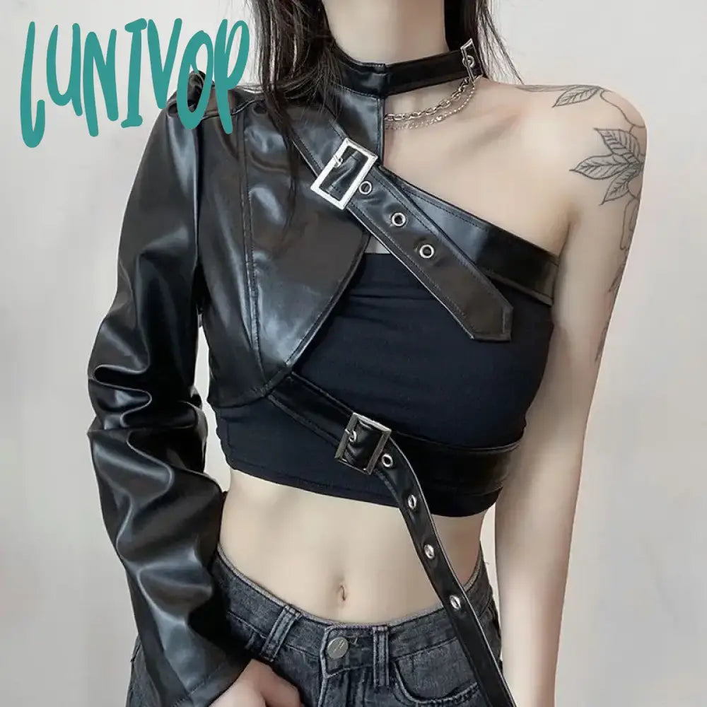 Lunivop  Gothic Black Leather Jacket Punk Techwear Crop Tops Sexy Streetwear One Shoulder Fall Fashion Women Clothing Gyaru