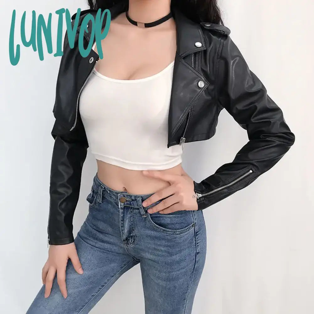 Lunivop Trend Fashion PU Sexy Crop Jacket Spring Motorcycle Biker Faux Leather Coat Y2K Streetwear Zipper Up Female Short Jacket Women