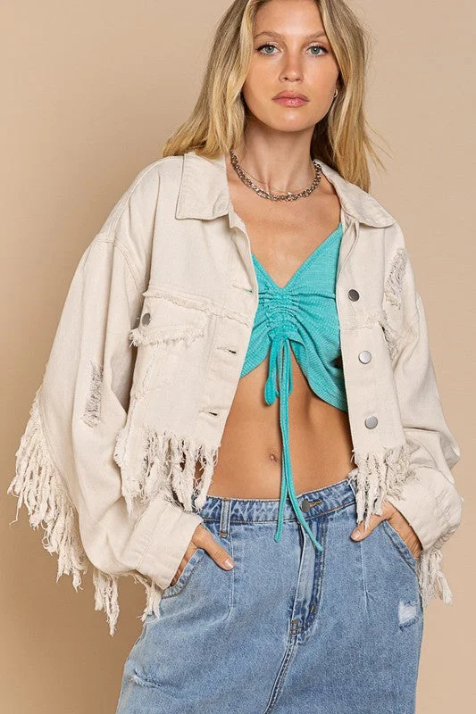 Denim distressed fringe jacket