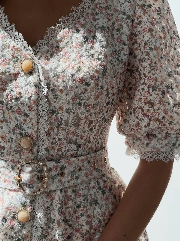 Elegant Floral Print V-Neck Mini Dress