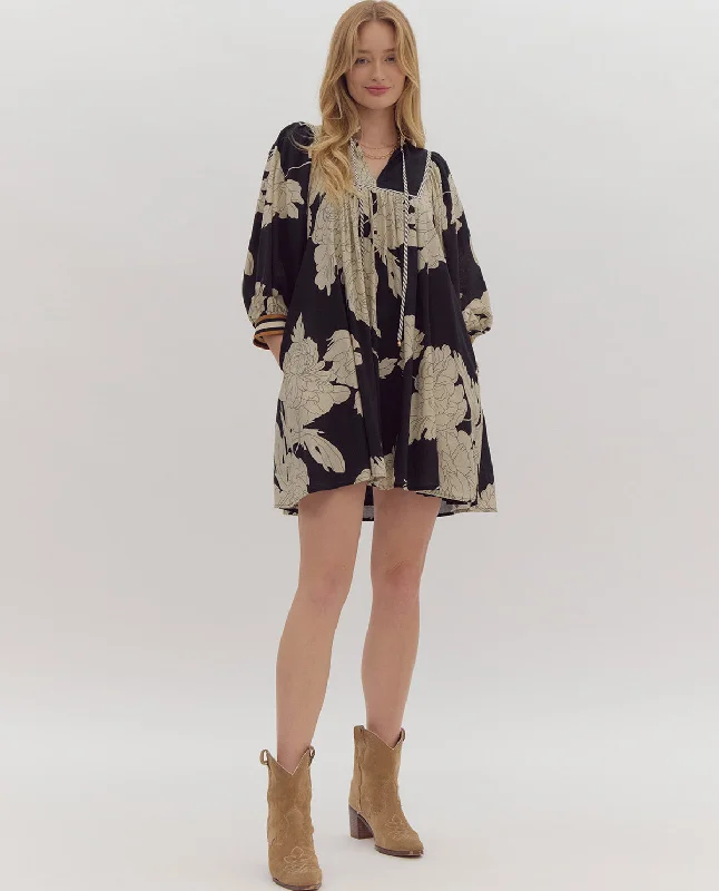 3/4 Sleeve Floral Print Woven Mini Dress