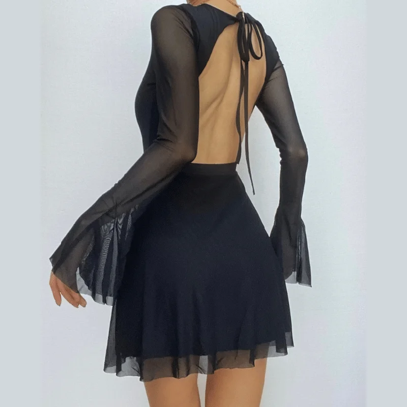 Long flared sleeve crewneck self tie mesh backless mini dress