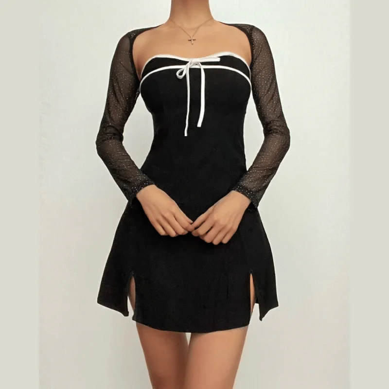 Long sleeve bowknot mesh shrug slit zip-up glitter 2 piece mini dress- Final Sale