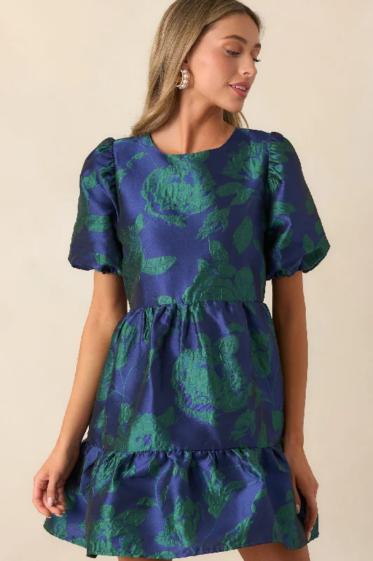 Making It Shine Midnight Blue Floral Jacquard Mini Dress