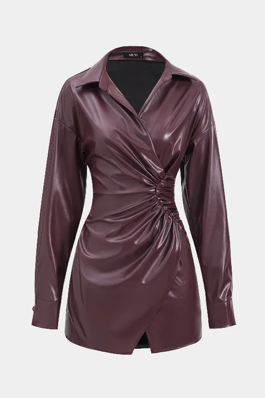 Faux Leather V-Neck Long Sleeve Ruched Mini Dress