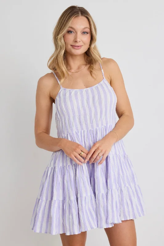 Memphis Lilac stripe Strappy Tiered Mini Dress