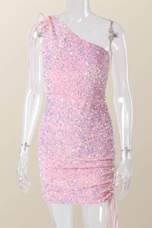 Ruched One Shoulder and Hem Pink Sequin Mini Dress