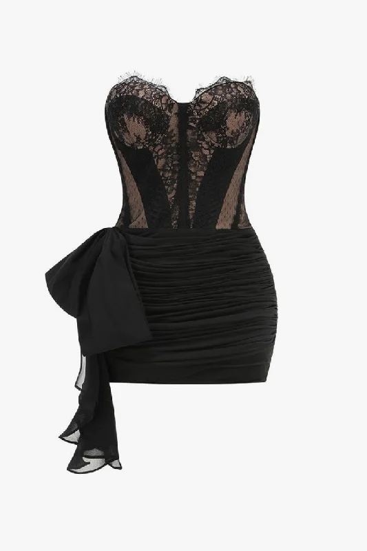 Sexy Bustier Strapless Lace Corset Bow Tie Ruched Bodycon Party Mini Dress